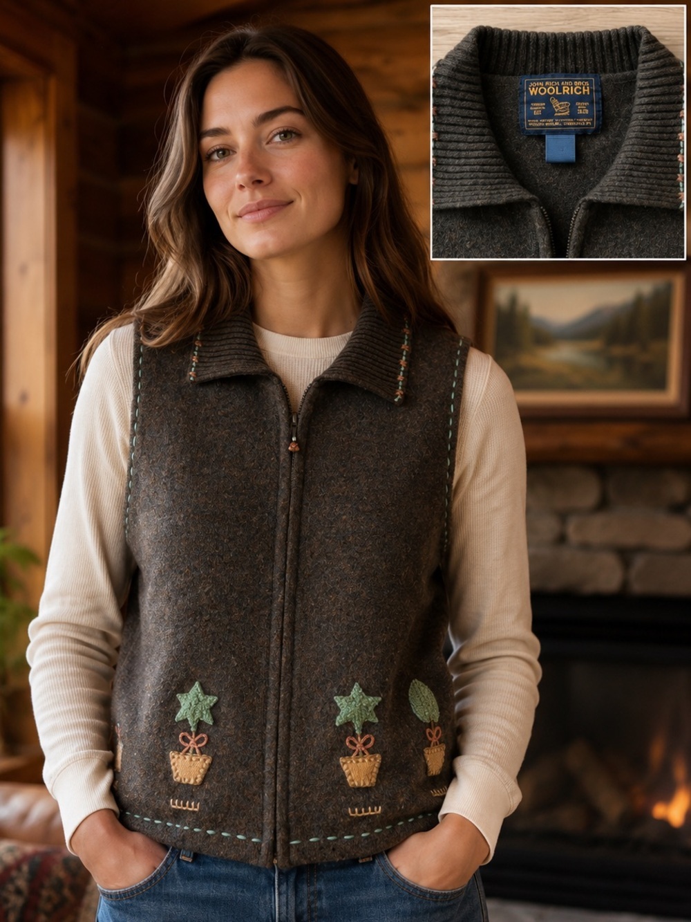 John Rich & Bros Woolrich Embroidered Wool Vest Brown Rustic Cottagecore Size L